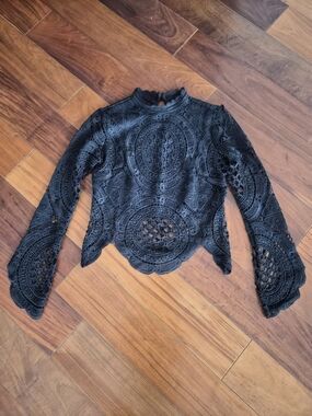 Black Crochet Lace Mock Neck Bell Sleeve Top - Size S (Fits Like XS)
